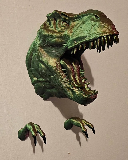a fake dinosaur head mounted to the side of a wall