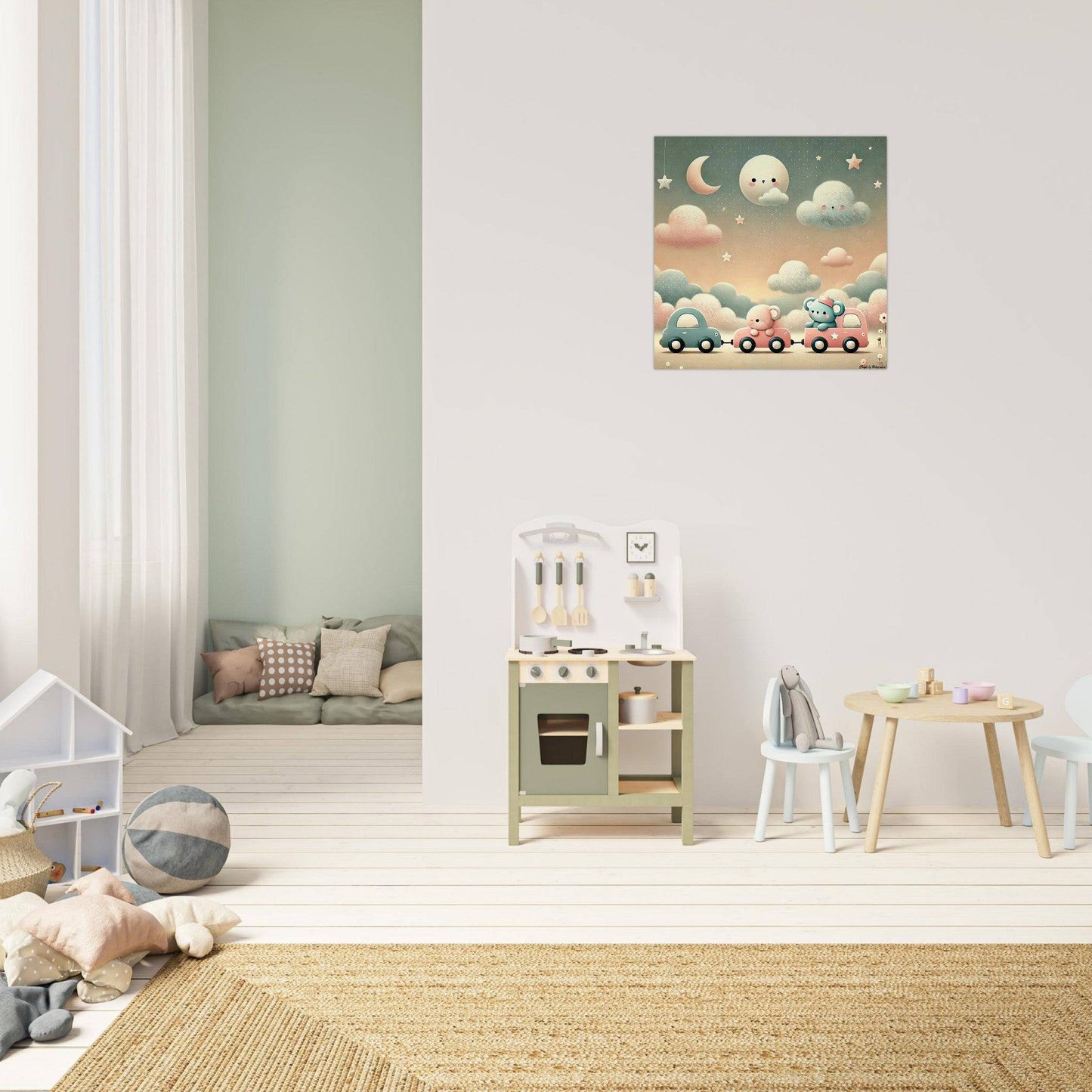 a child's room with a toy train on the wall