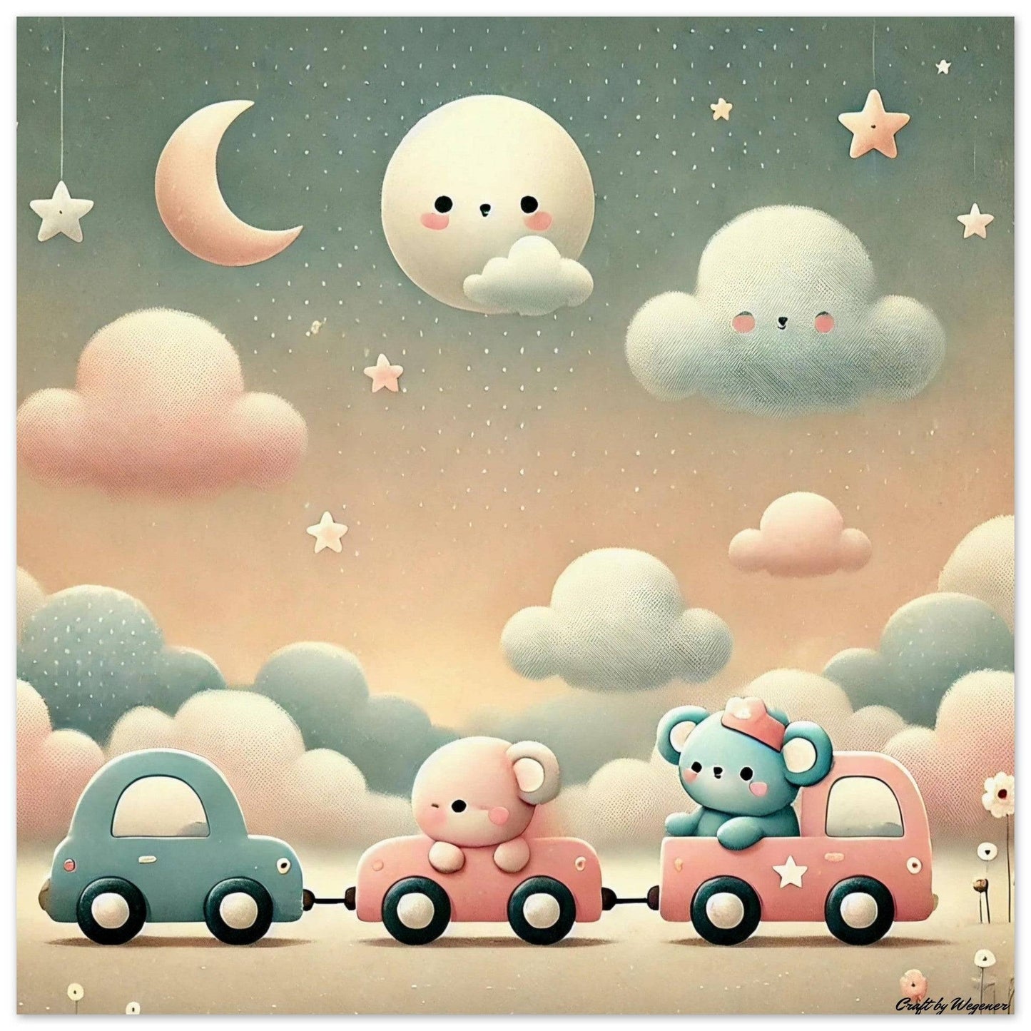 a painting of two teddy bears on a toy car