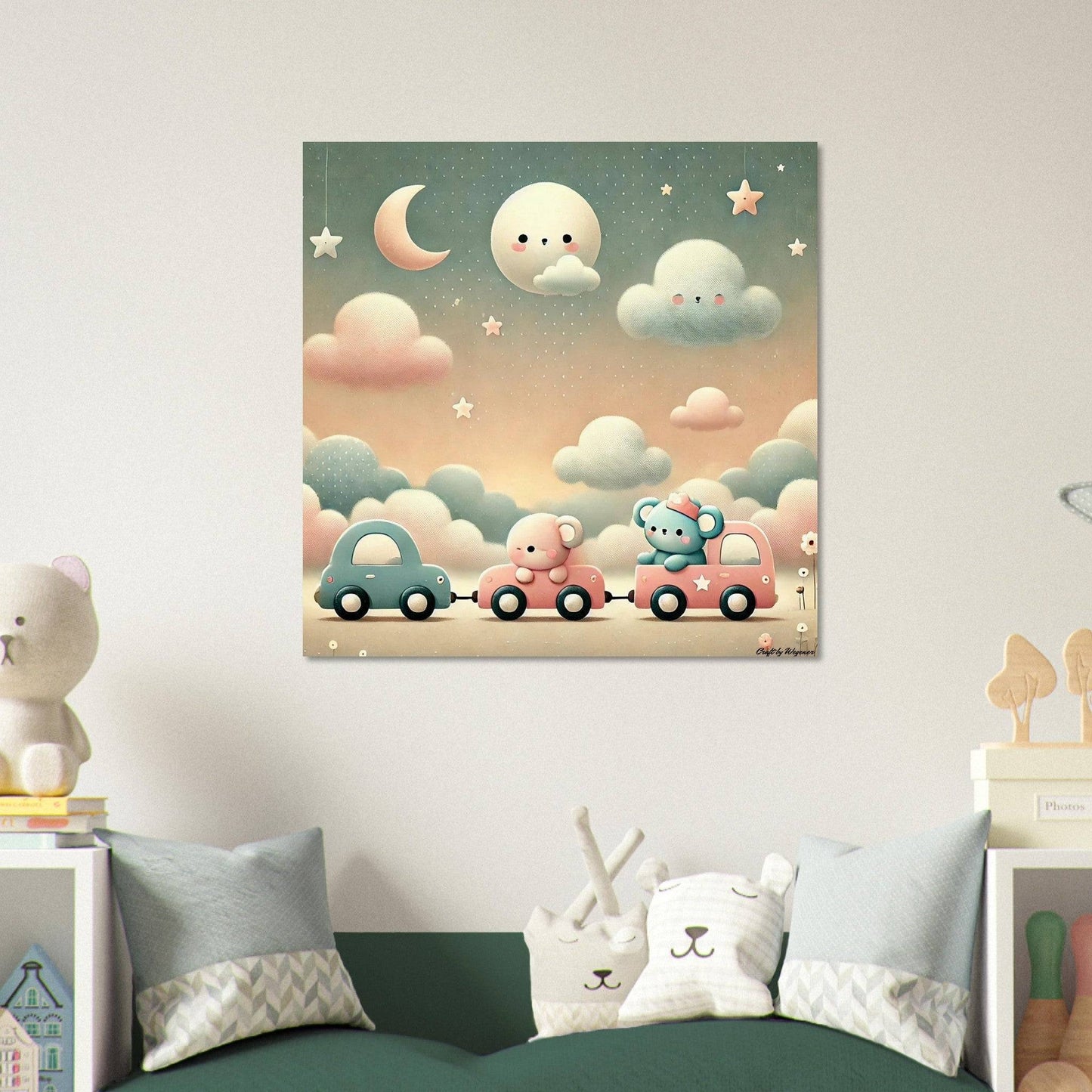 a child's bedroom with a green bed and a painting on the wall