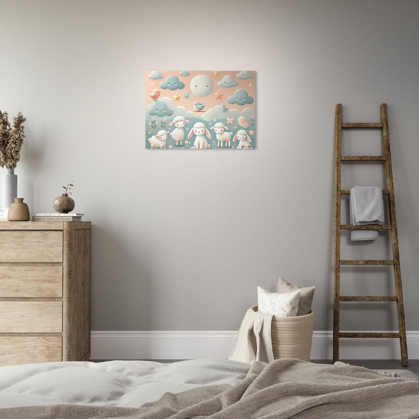 a bedroom with a ladder and a painting on the wall