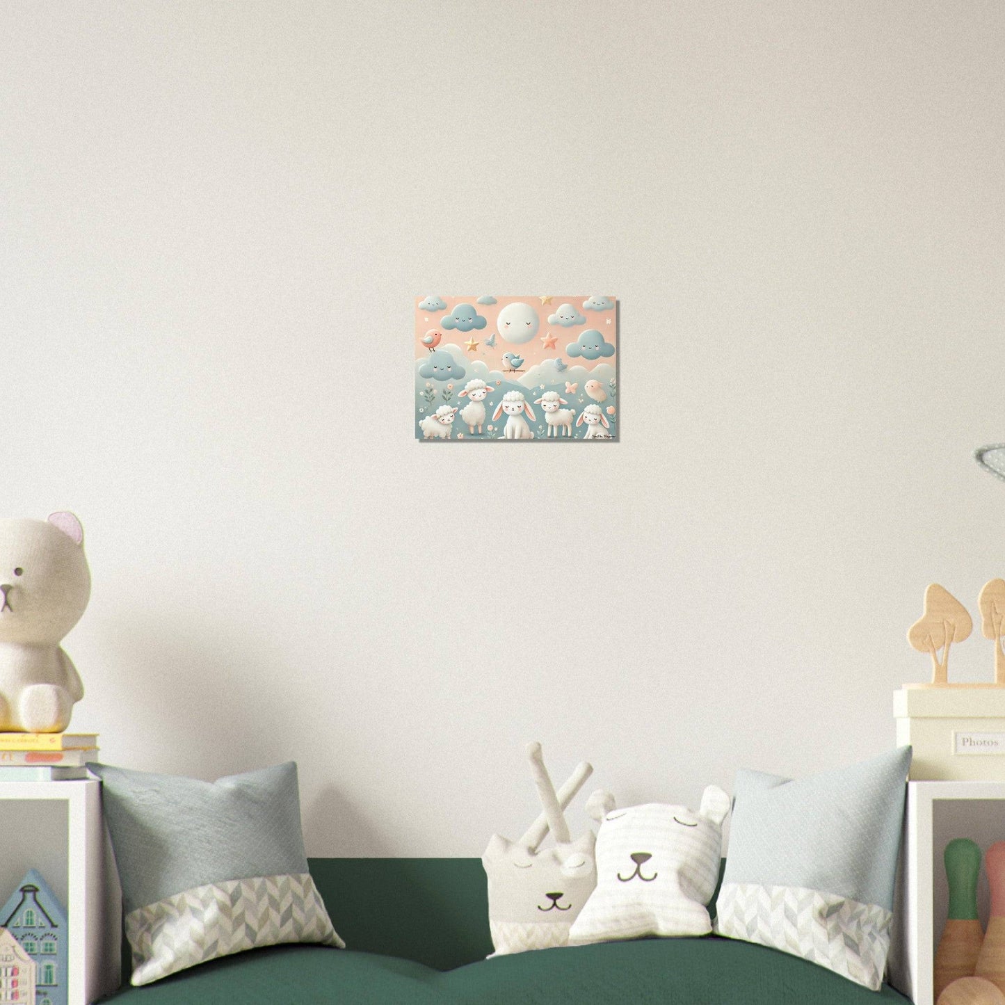 a child's bedroom with a green bed and white walls