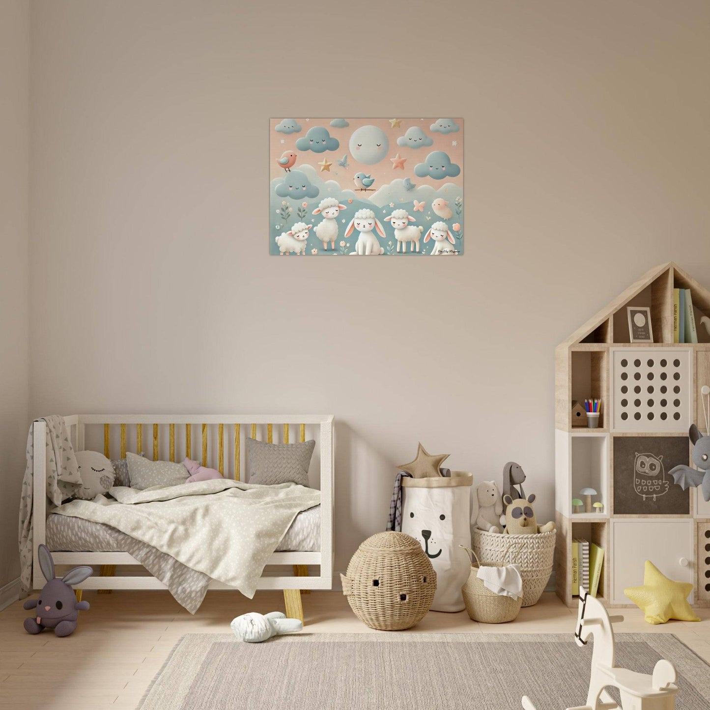 a child's room with a bed, toys and bookshelves