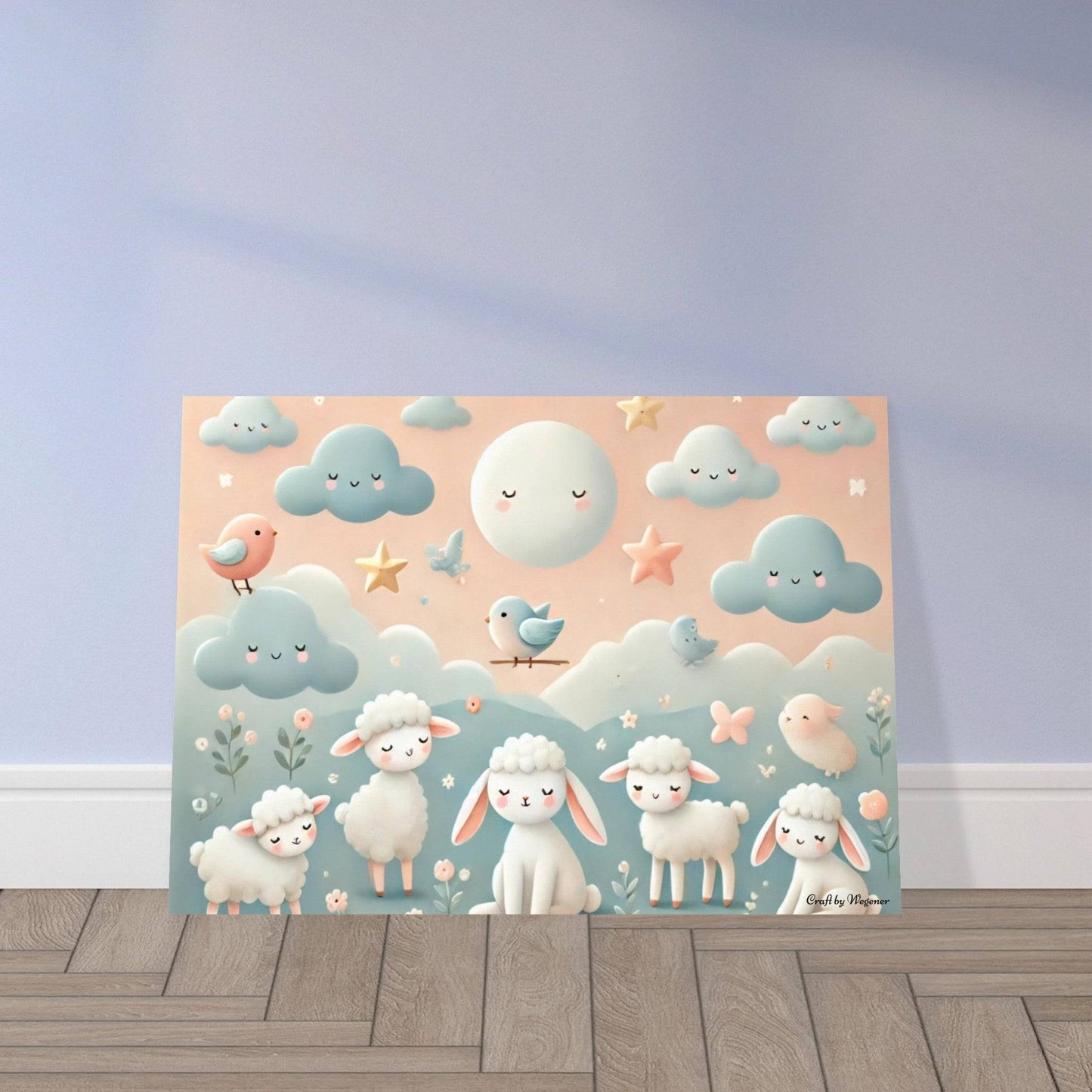 a painting of sheep and birds on a blue background