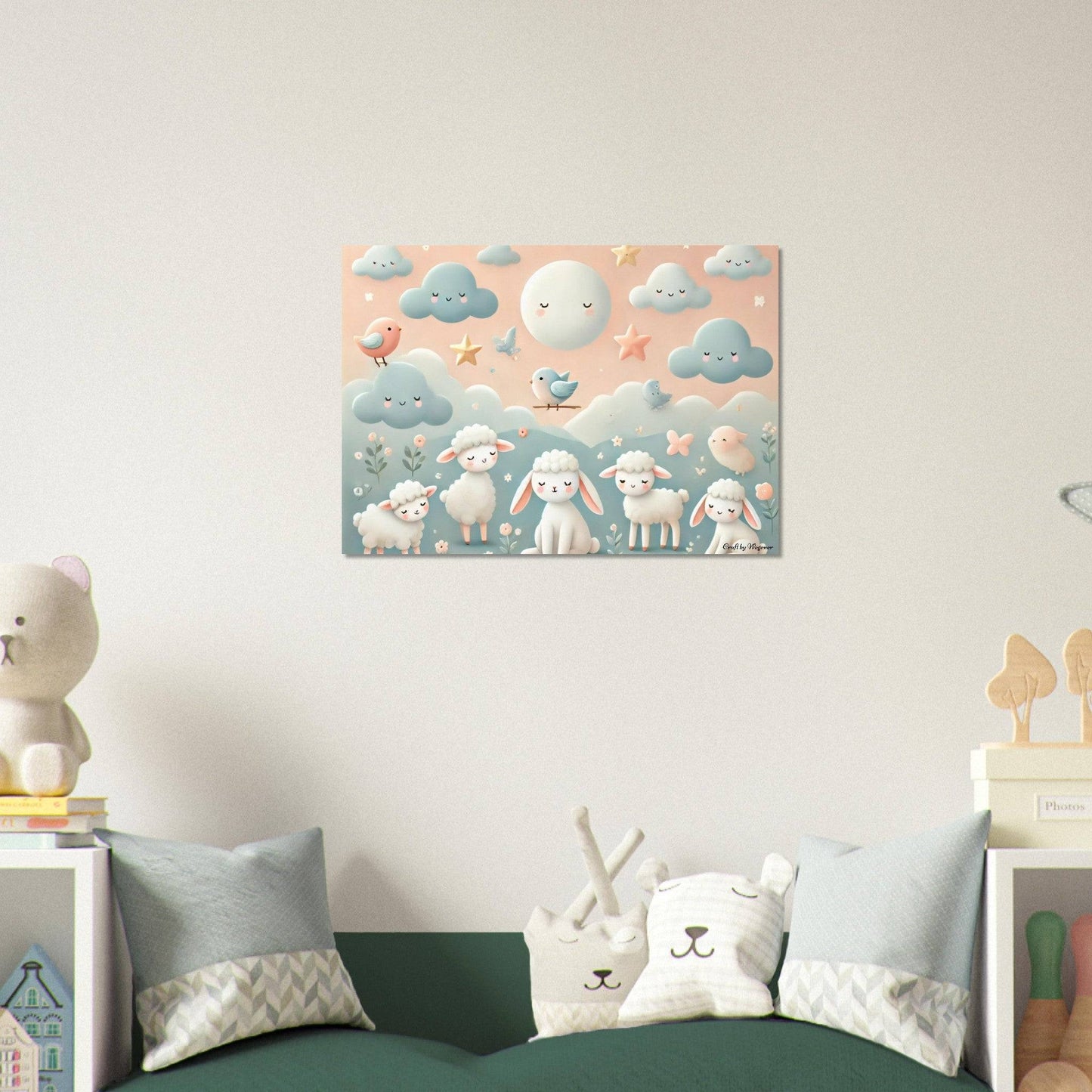 a child's bedroom with a green bed and white walls