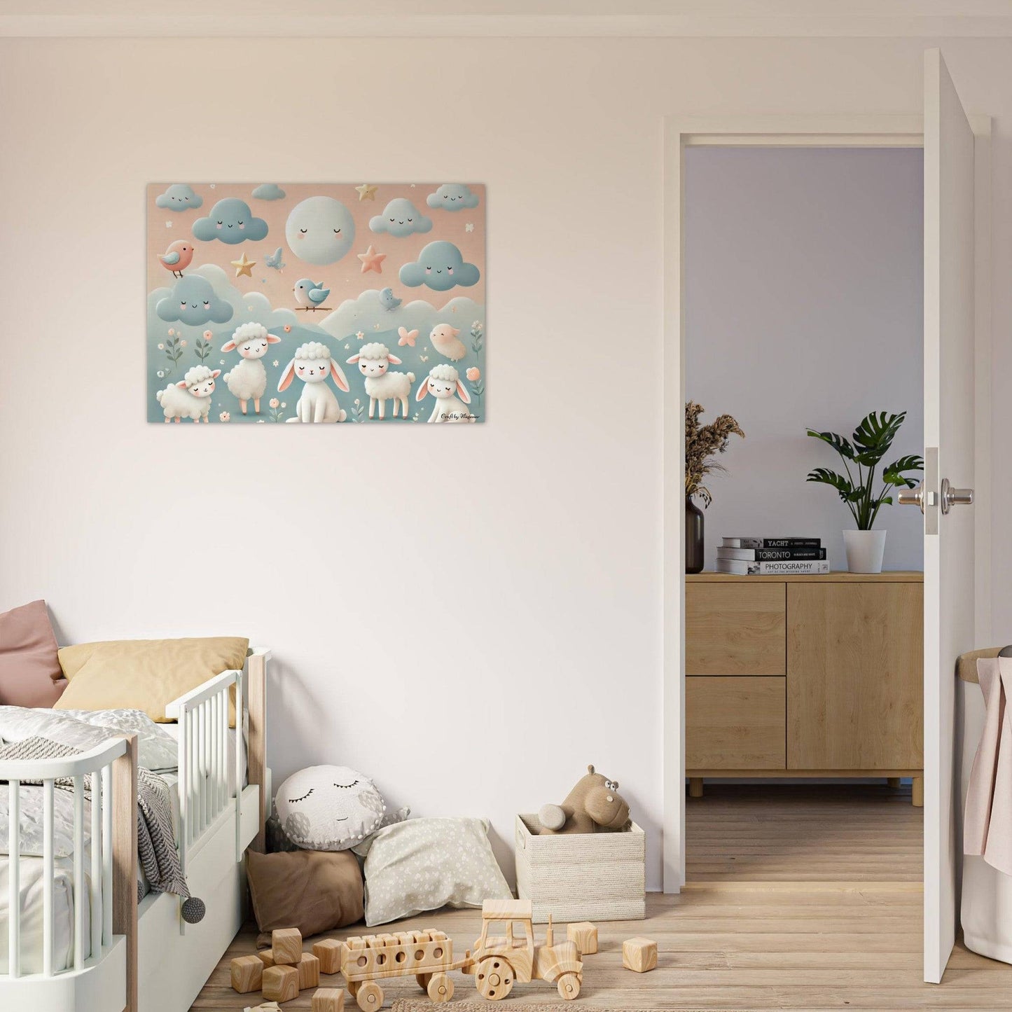 a baby's room with a crib and toys on the floor