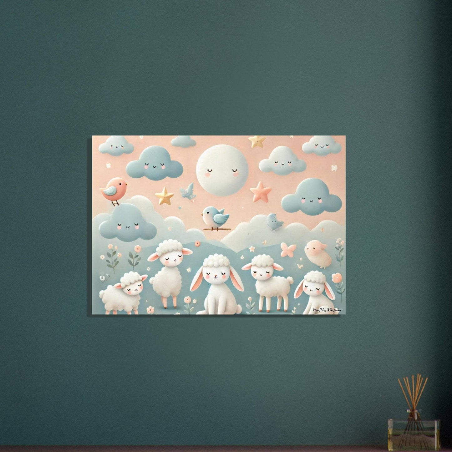 a painting of sheep in a field with stars and clouds