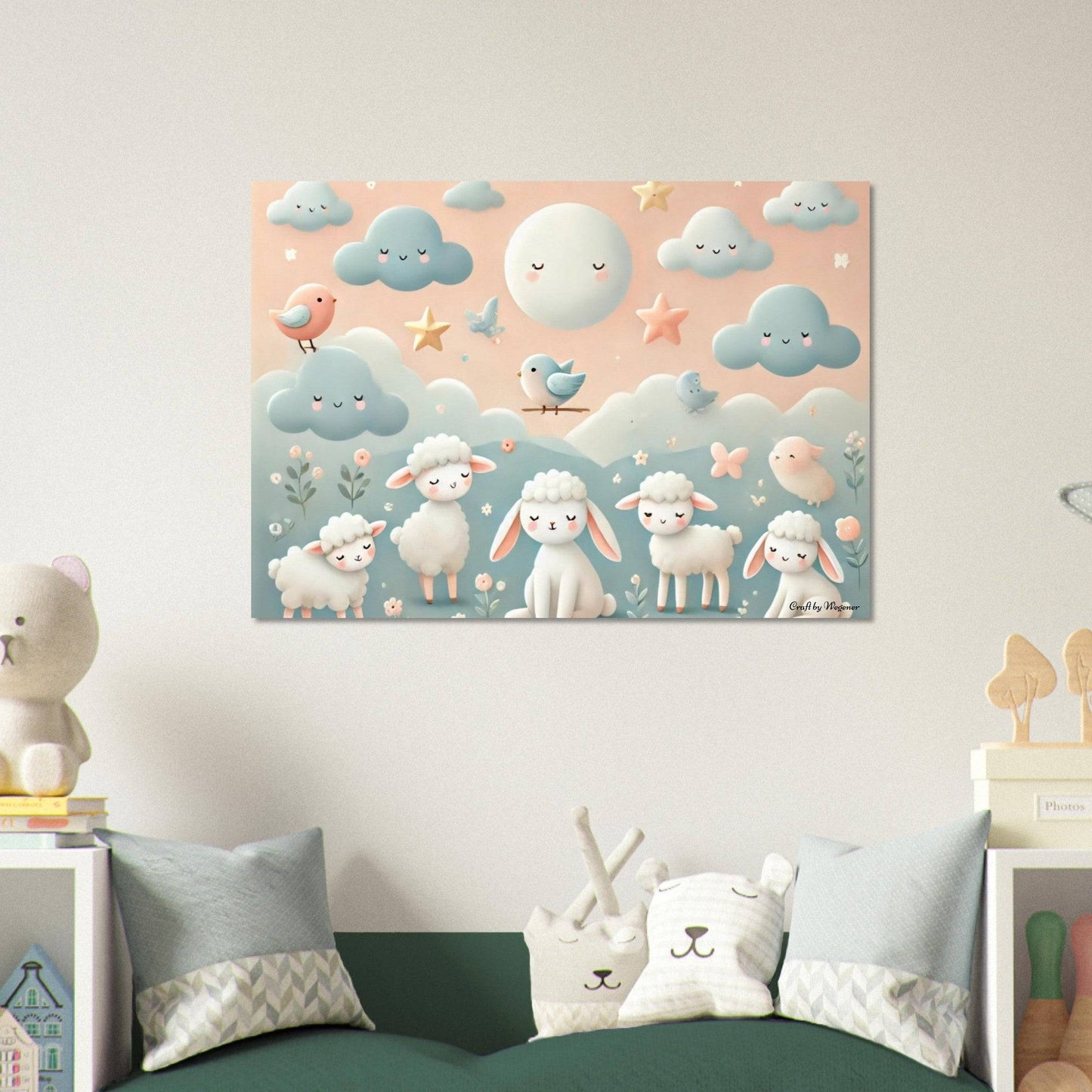 a child's room with a green bed and a painting on the wall