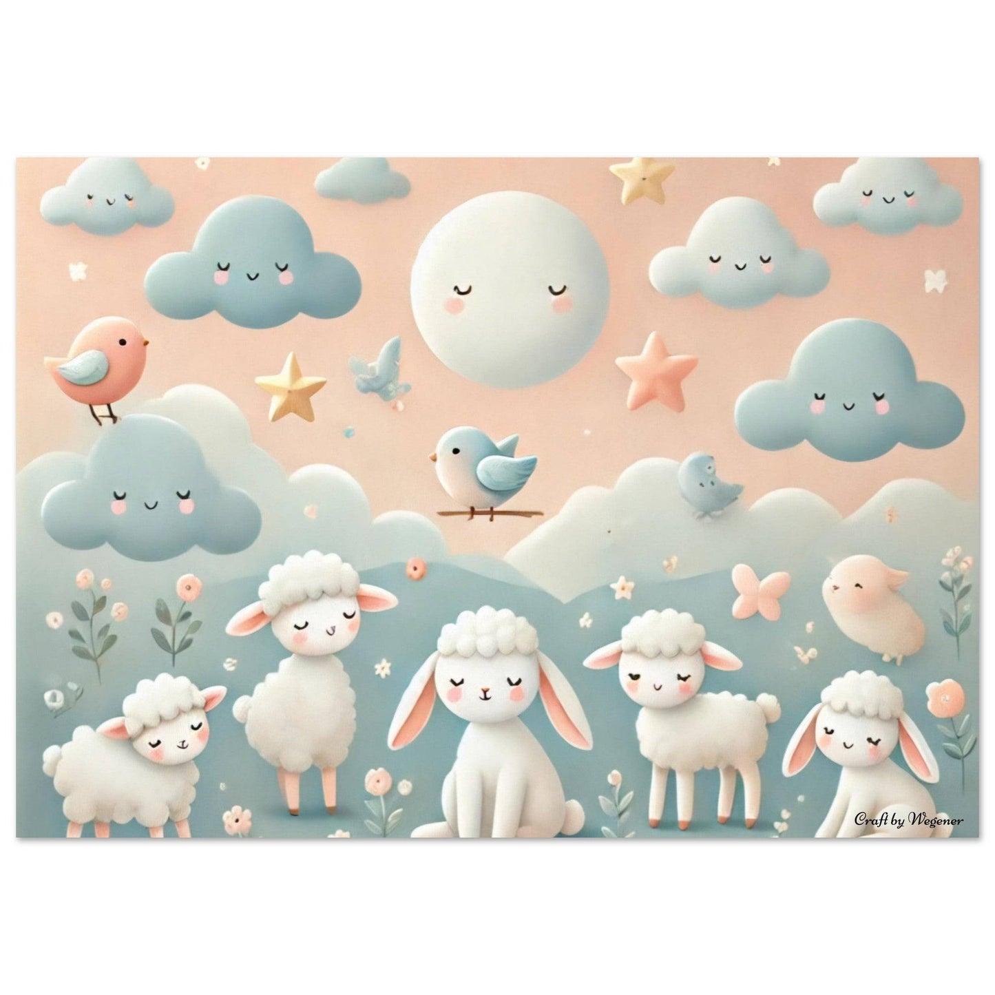a painting of sheep and birds in a field