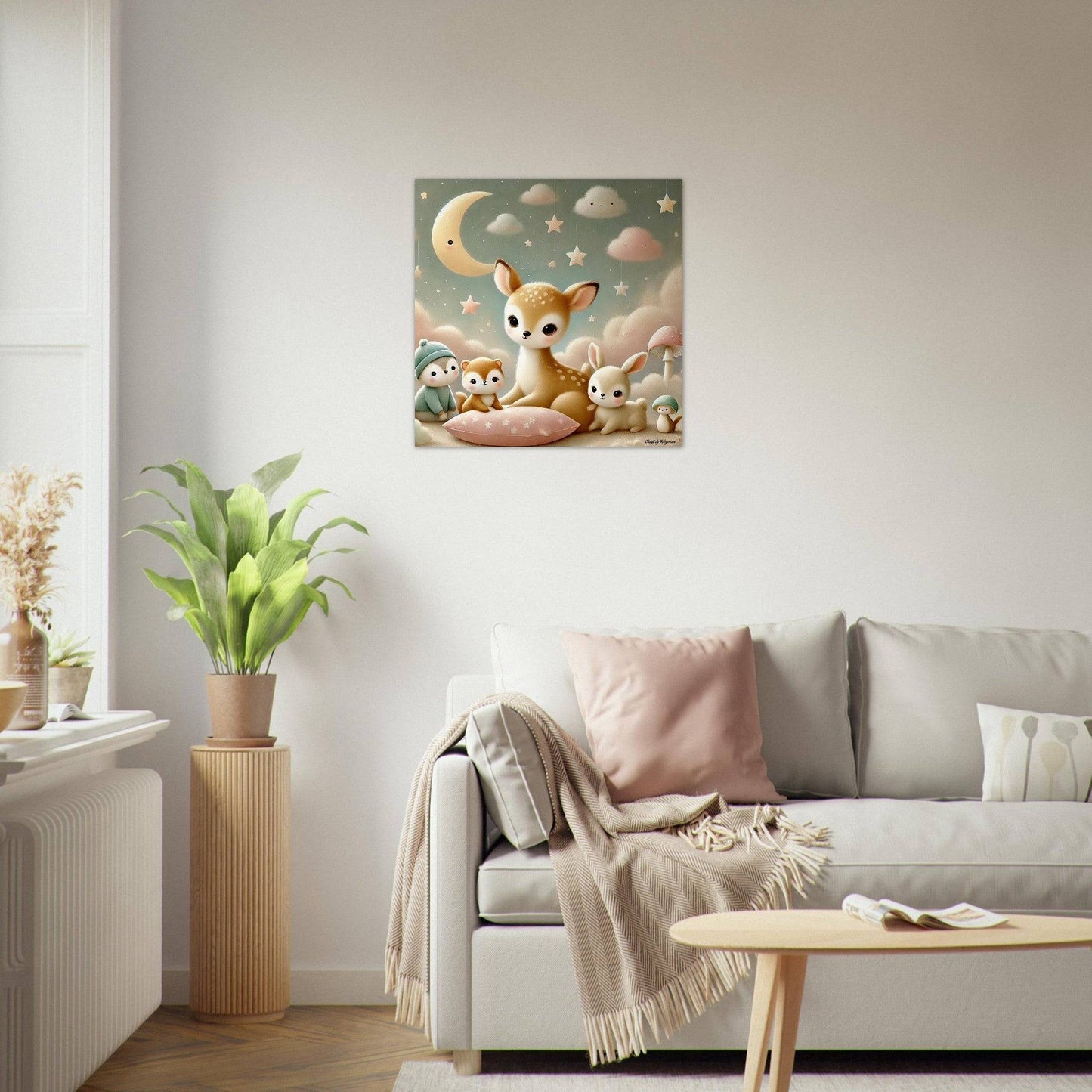 a living room filled with furniture and a painting on the wall