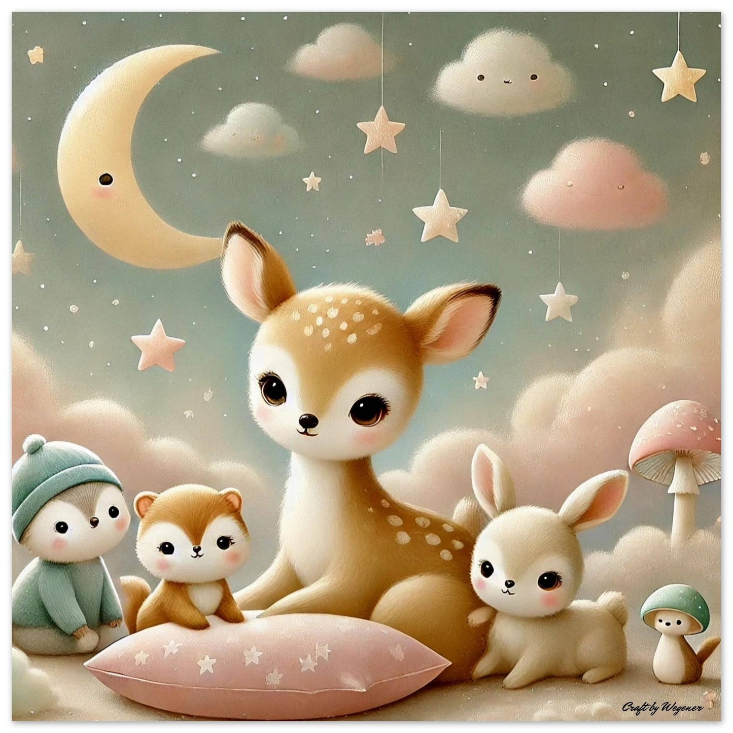 a painting of a baby deer surrounded by other animals