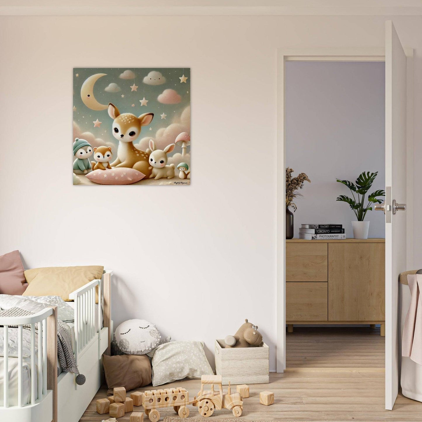 a baby's room with a white crib and a painting on the wall