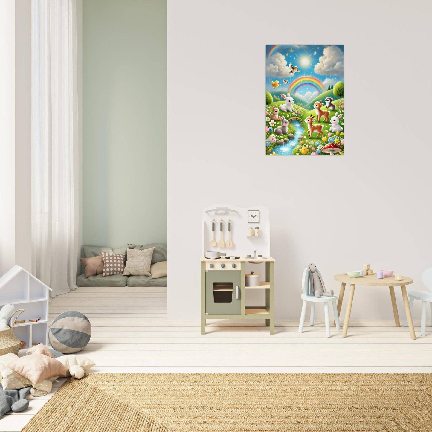 a child's room with a painting on the wall