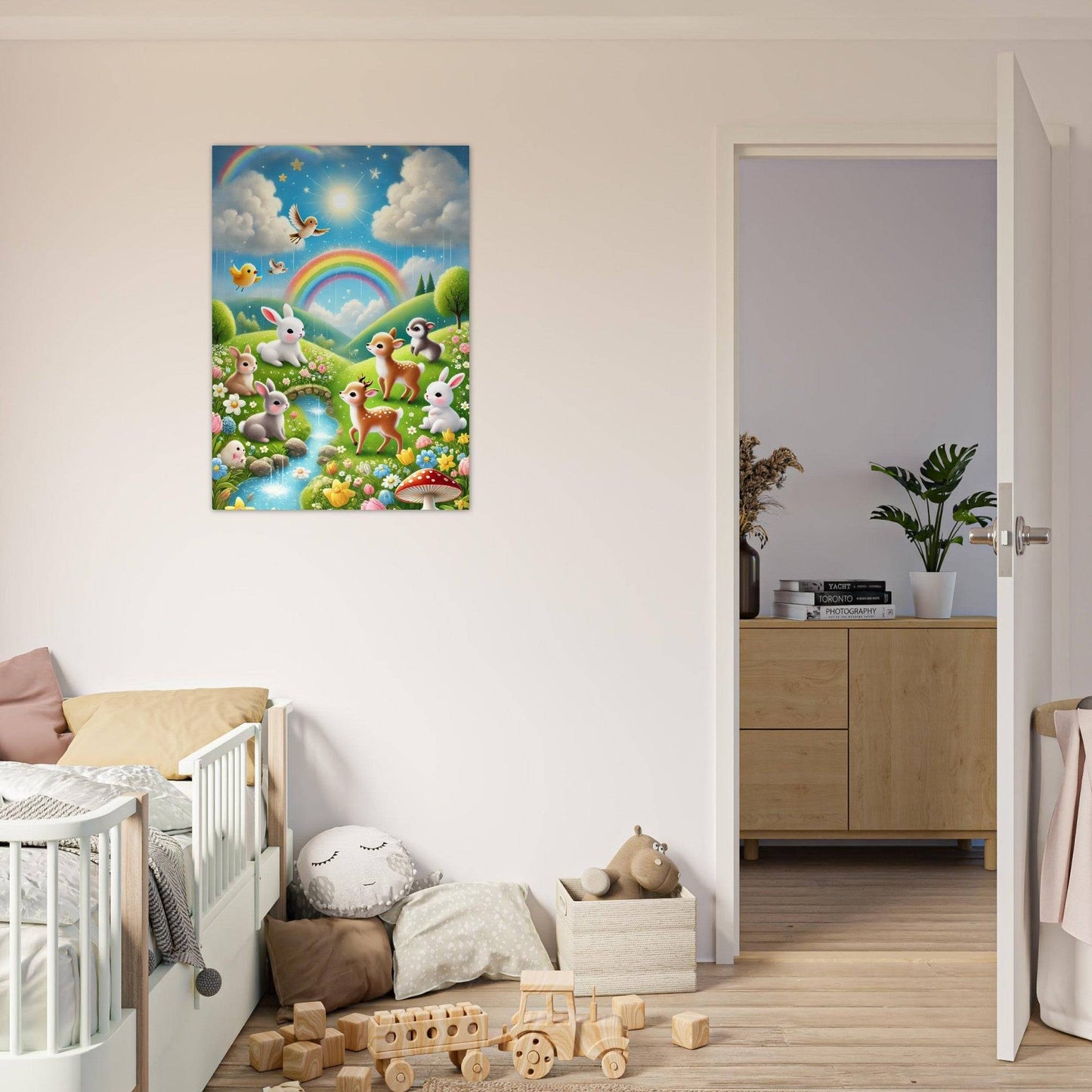 a baby's room with a crib and a painting on the wall