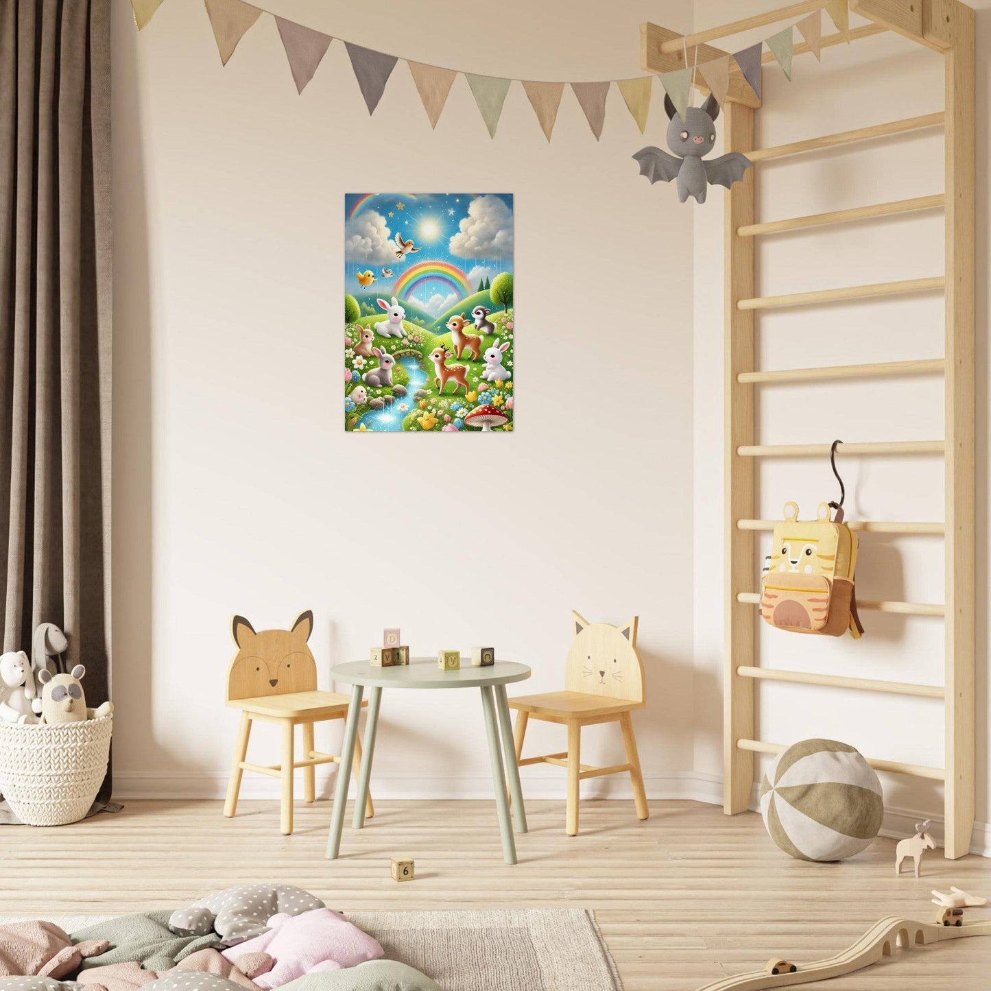 a child's room with a ladder and a painting on the wall