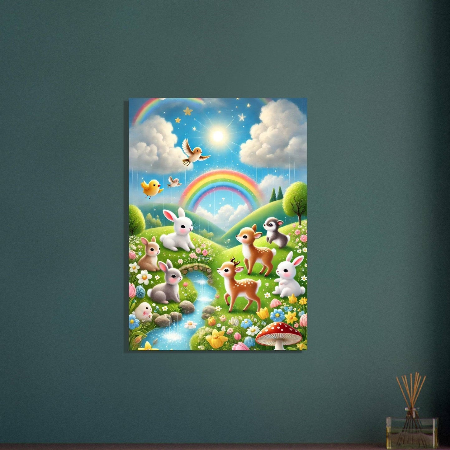 a room with a painting of animals and a rainbow