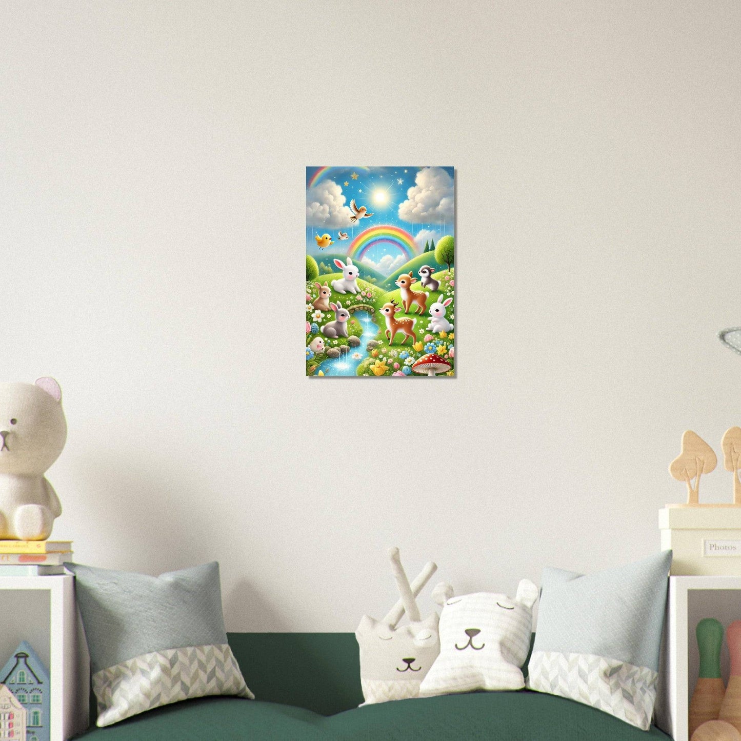 a child's bedroom with a green bed and white walls