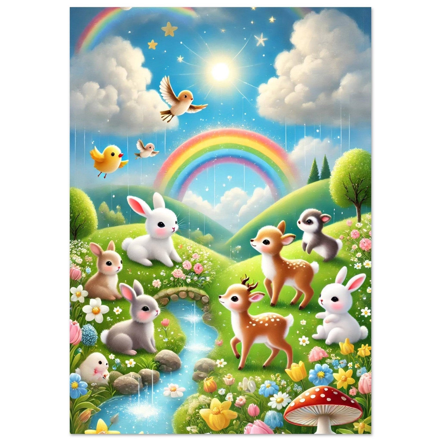 a painting of animals in a field with a rainbow in the background