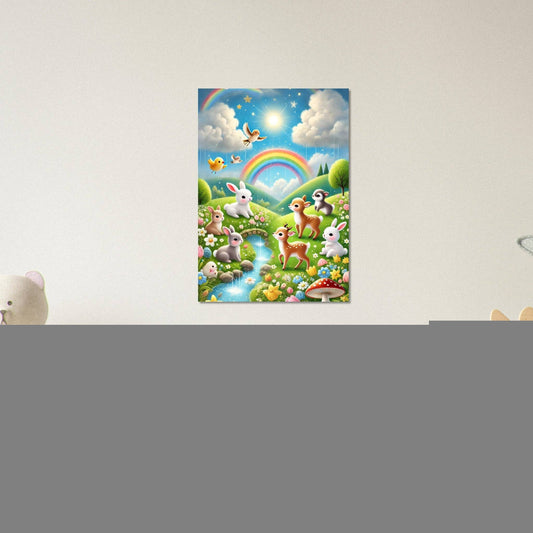 a child's bedroom with a painting of animals and a rainbow