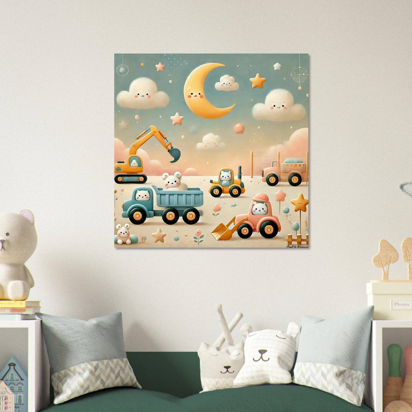 a child's bedroom with a green bed and a painting on the wall