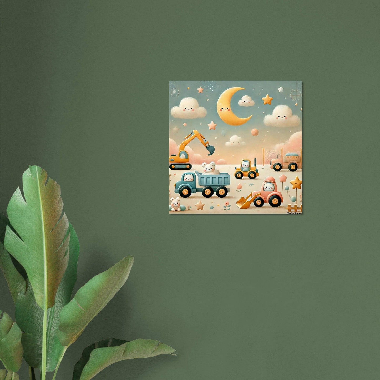 a green wall with a green plant and a painting on it
