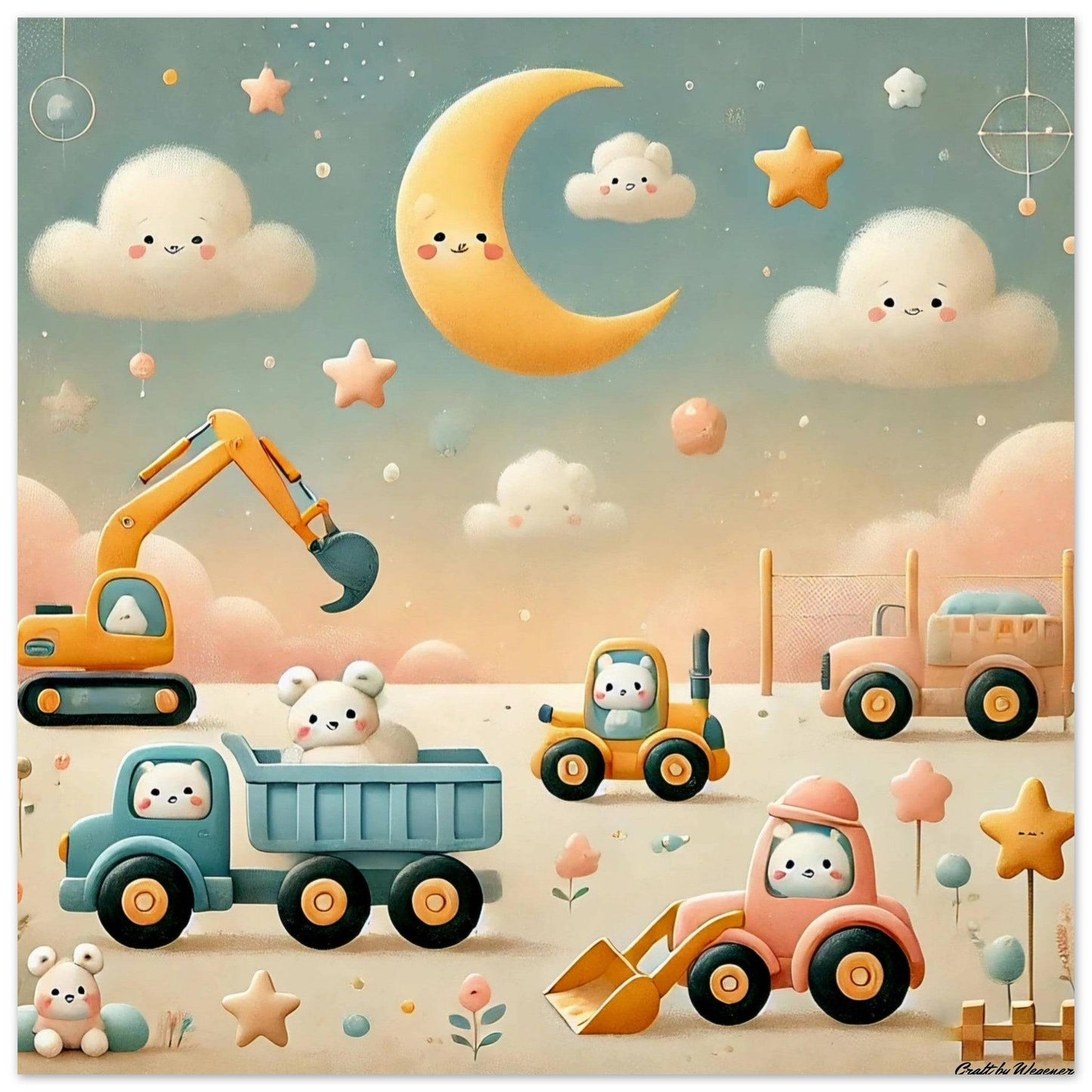 a painting of a dump truck and construction vehicles