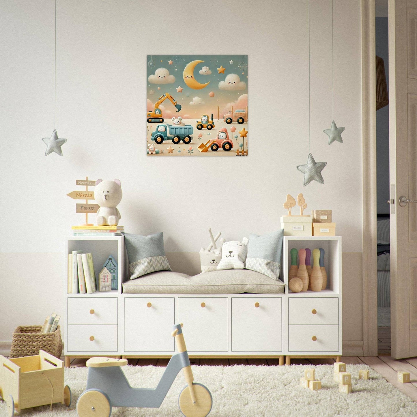 a child's room with a bed and toys