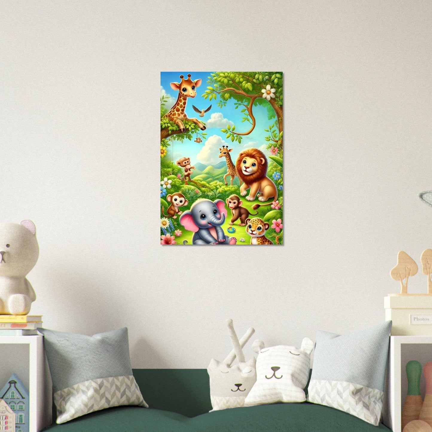 a child's bedroom with a green bed and white walls