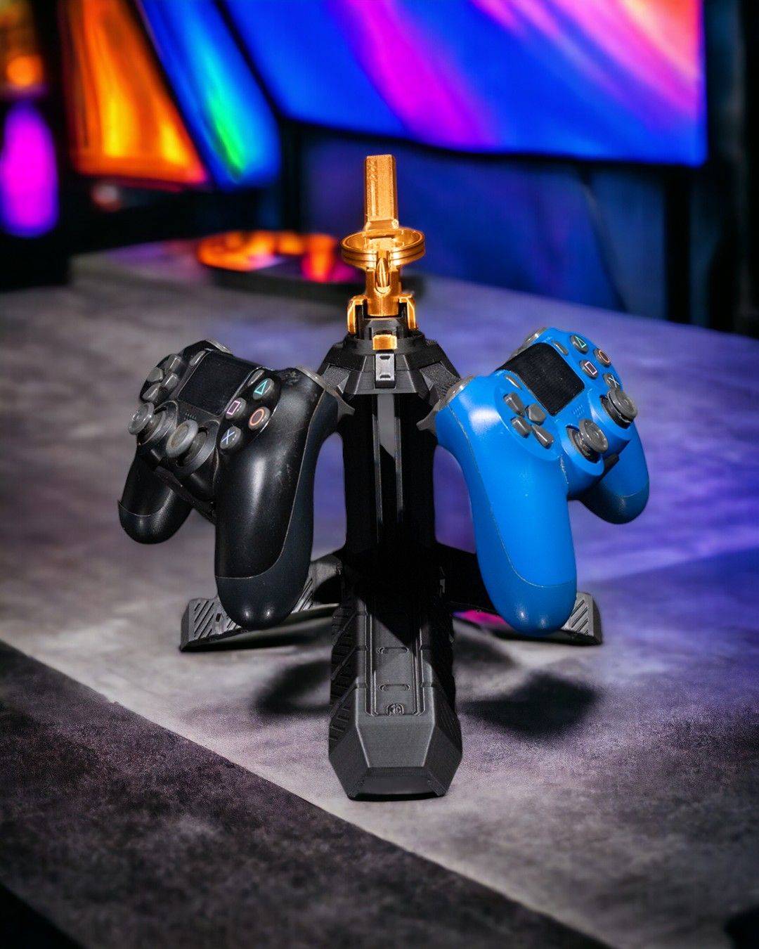 a couple of game controllers sitting on top of a table