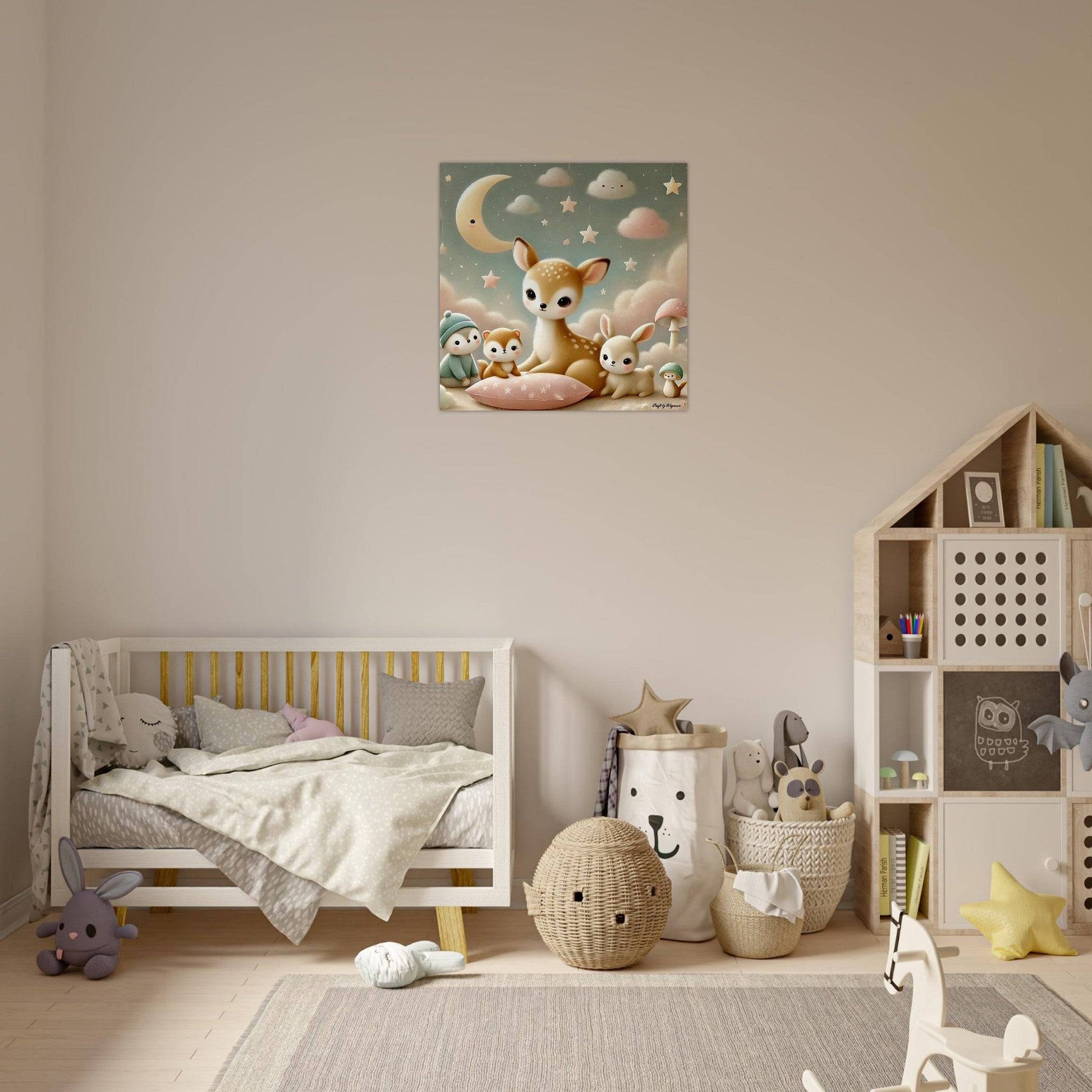 a child's room with a bed, toys and a painting on the wall