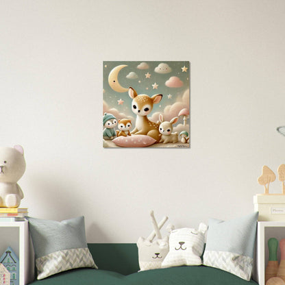 a room with a bed, stuffed animals and a painting on the wall