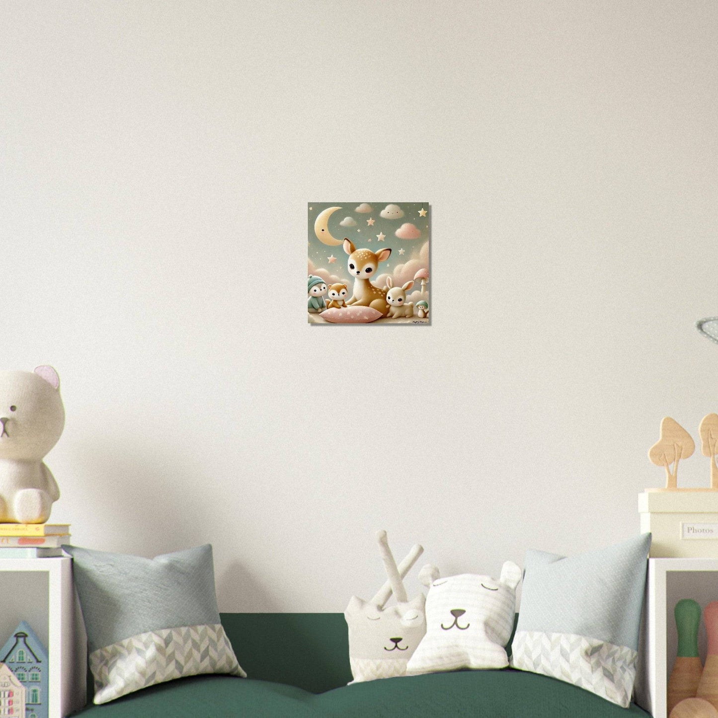 a child's bedroom with a green bed and white walls