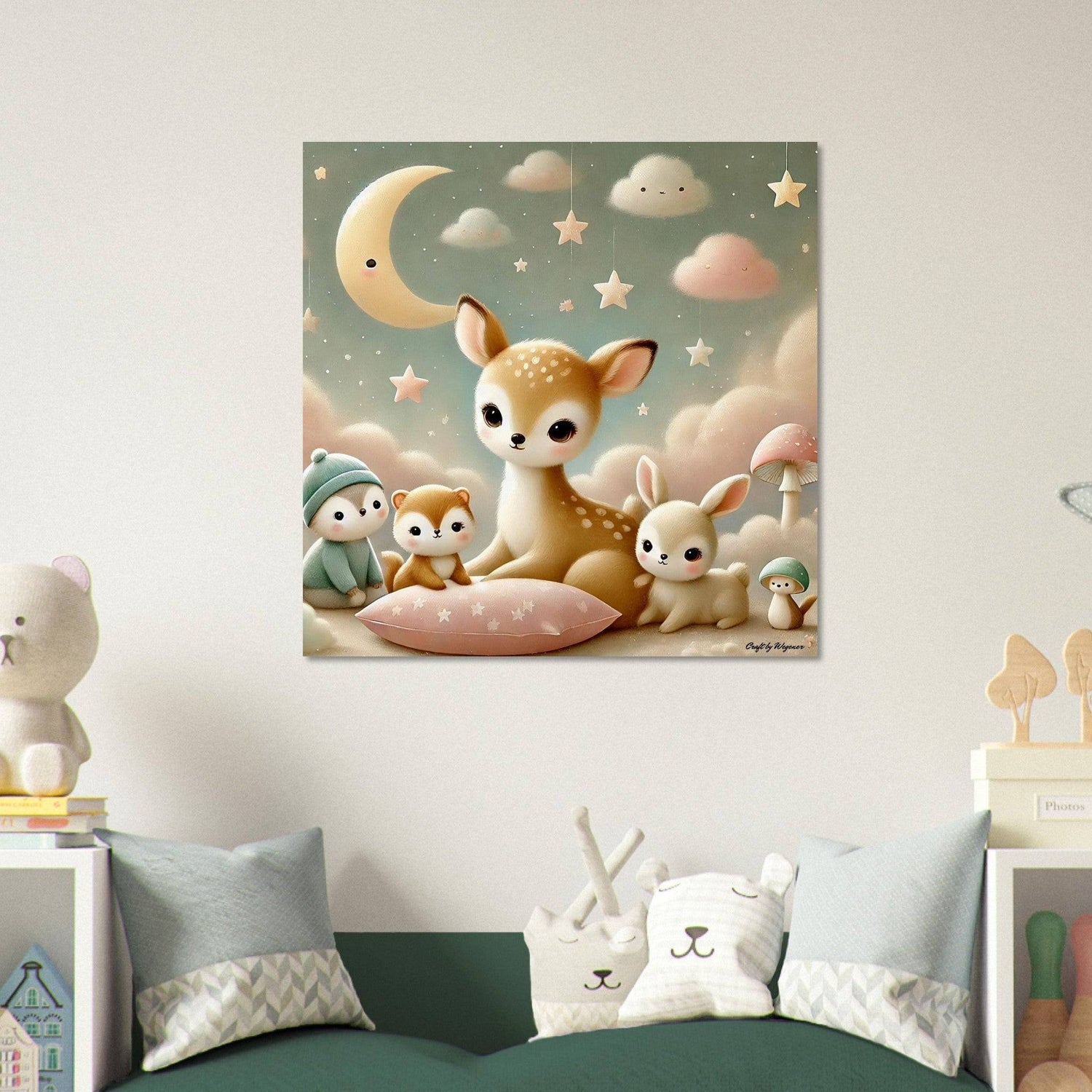 a painting of a baby deer surrounded by other animals