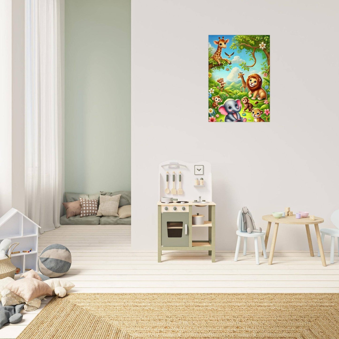 a child's room with a white wall and a painting on the wall