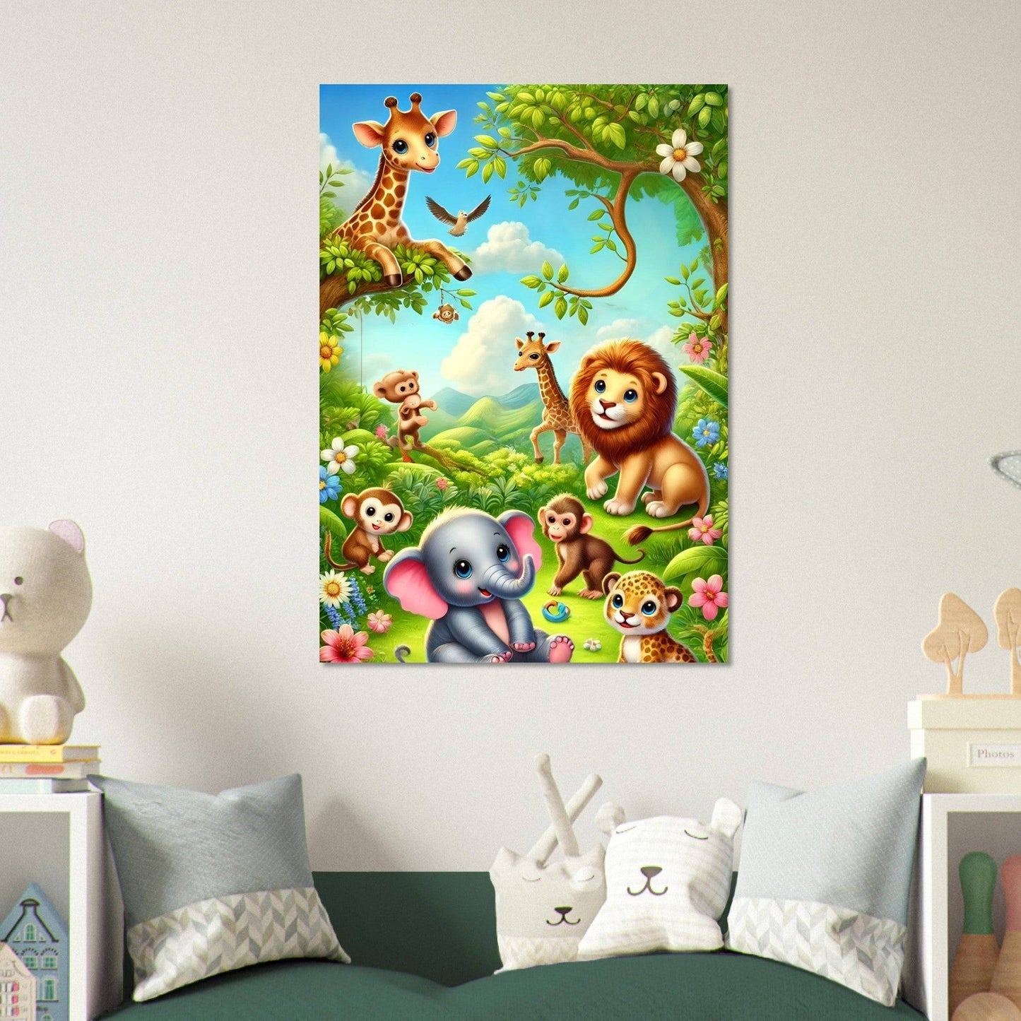 a baby's bedroom with a painting of animals and a giraffe