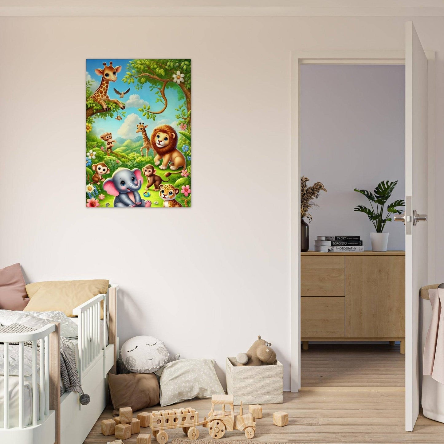 a baby's room with a baby crib and toys