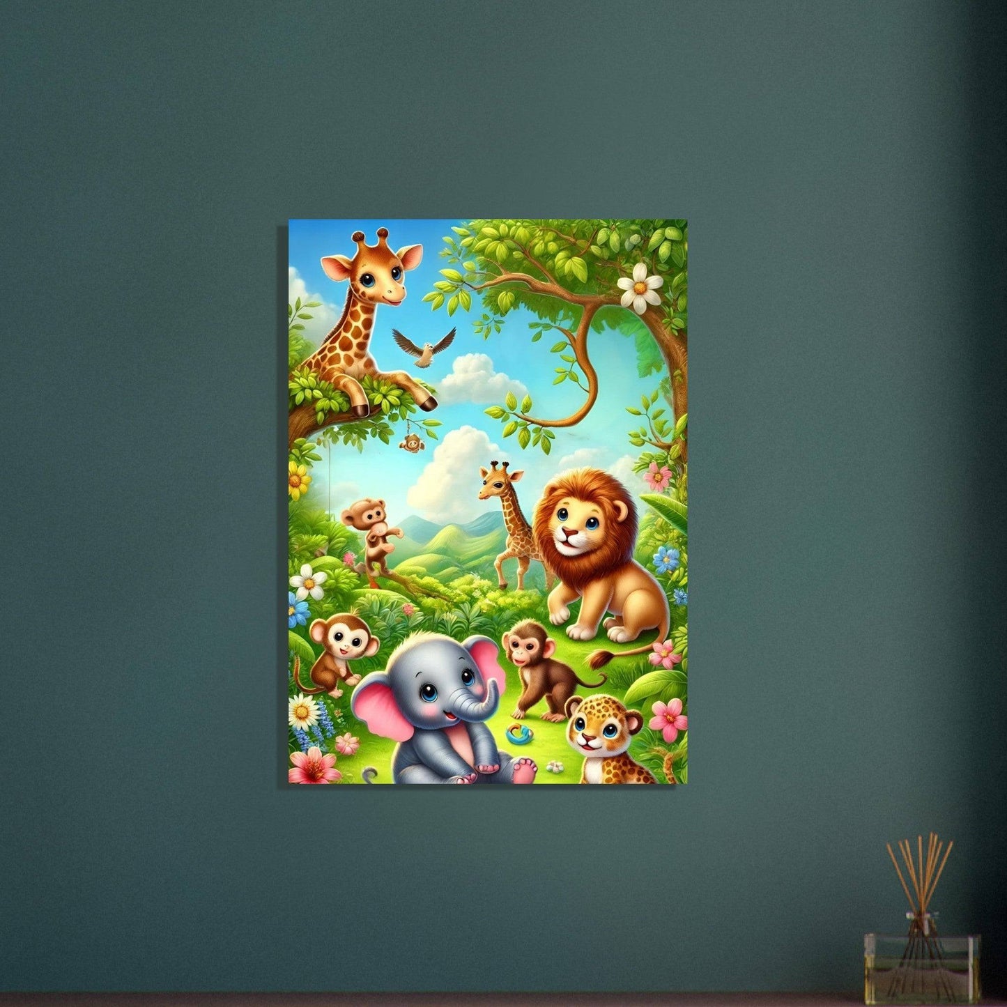 a painting of a jungle with animals and a giraffe