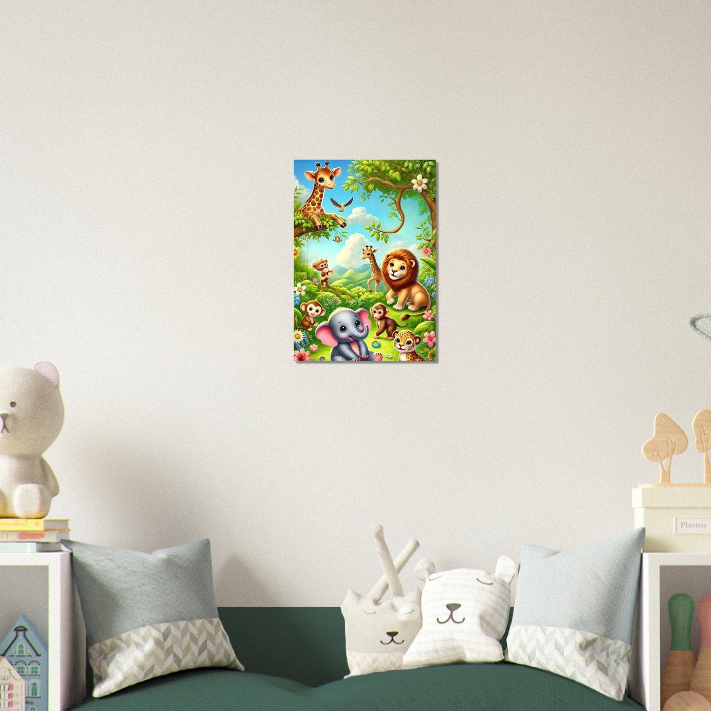 a child's bedroom with a green bed and white walls